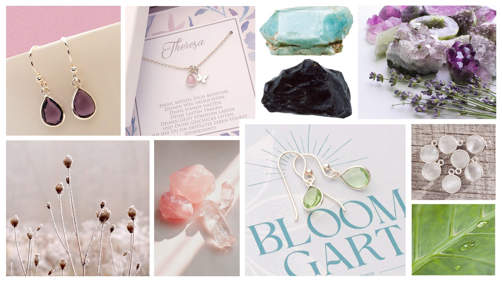 Collage verschiedener Edelsteine – Amethyst, Rosenquarz und Aqua Chalcedon als Schmuck von Bloomgart