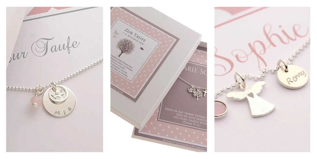 Drei Beispiele für personalisierte Taufketten aus 925 Sterling Silber mit Schutzengel, Lebensbaum und Gravur auf weißem Hintergrund von Bloomgart.