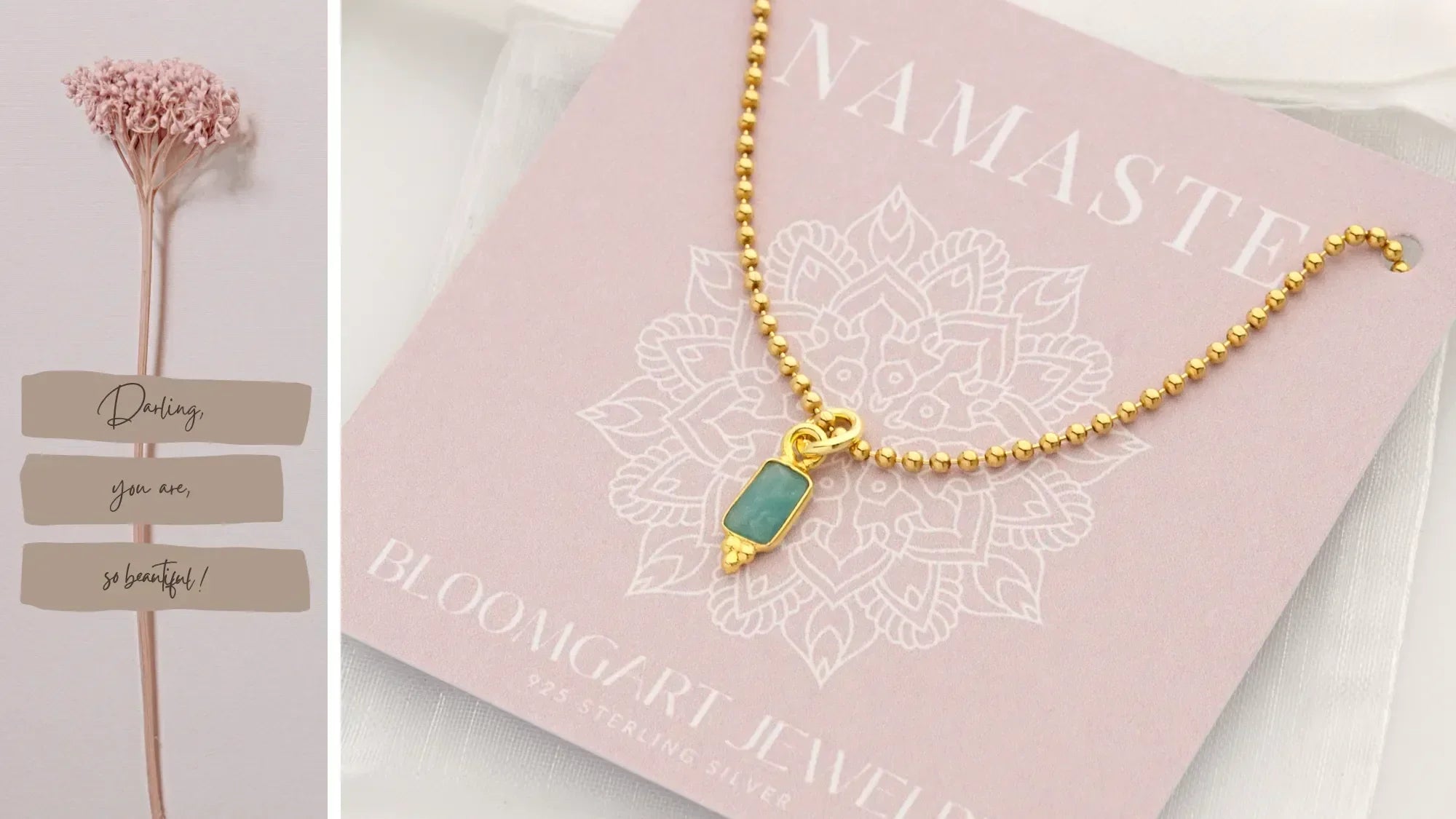 Banner mit einer getrockneten rosa Blume und einer goldenen Perlenkette mit einem eckigen Amazonit-Anhänger.