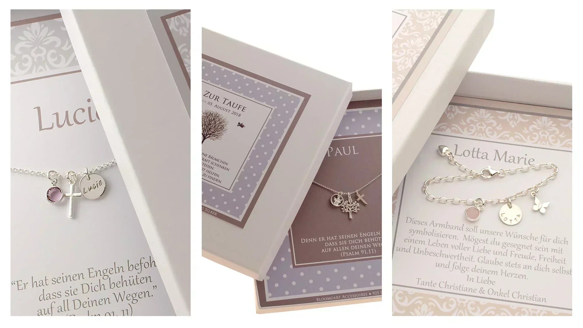 Grafik mit drei personalisierten Taufgeschenk-Ideen: Kette mit Namen Kreuz und Geburtsstein, Kinderarmband und Taufkette mit Lebensbaum, Kreuz und Engel auf weißem Grund von Bloomgart.