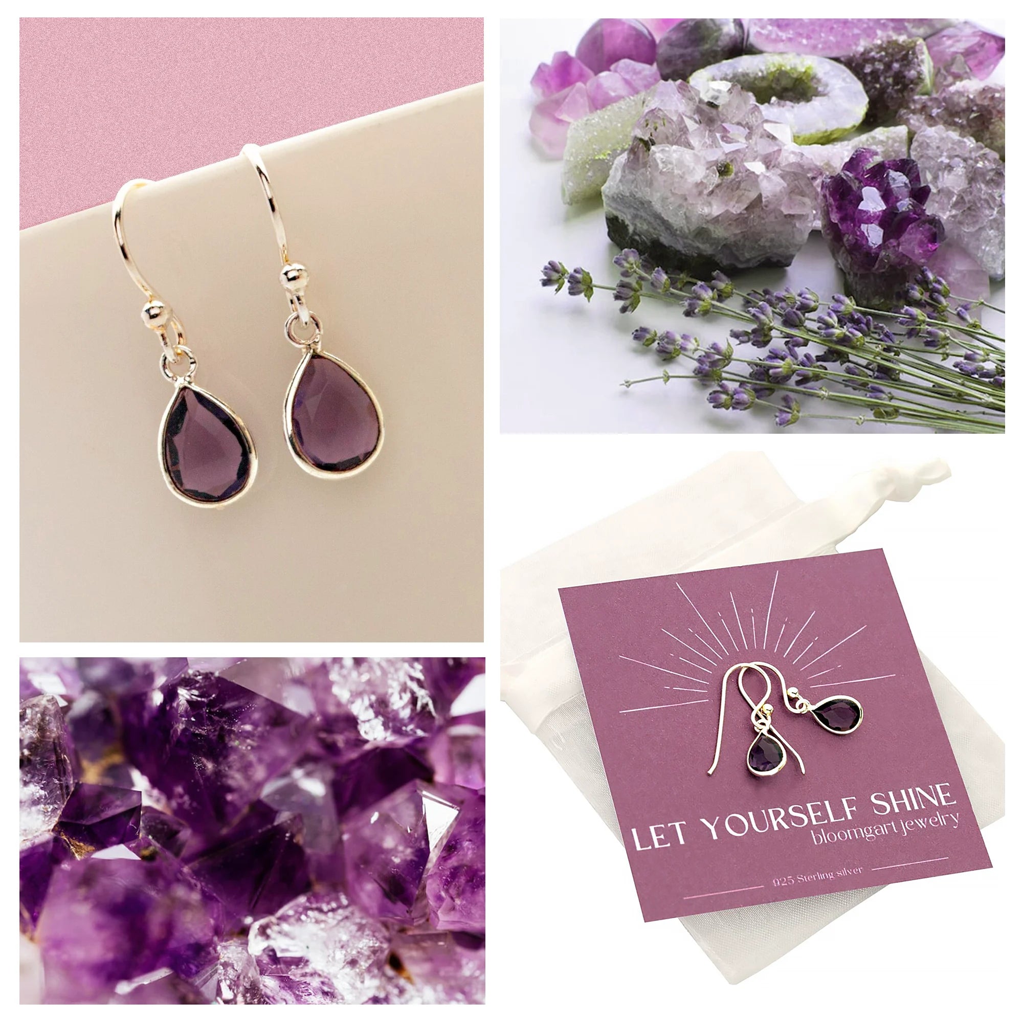 Eine Infografik zum lila Amethyst mit Silber-Ohrringen und tropfenförmigen Edelstein-Anhängern, ungeschliffener Natur-Amethyst und Lavendel als Farbreferenz