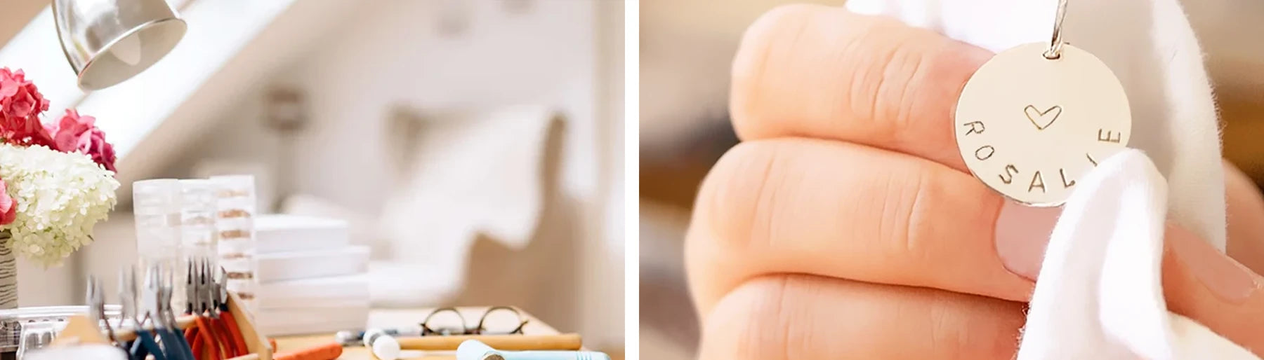 Bild 1: Schmuckwerkstatt mit Werkzeugen für handgefertigten und Bild 2: Politur eines personalisierten Gravurtalers per Hand.