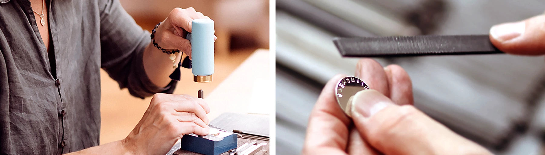 Die Schmuckdesignerin beim Stempeln und Feilen in ihrer Schmuckwerkstatt. Hier entsteht handgemachter, personalisierter 925 Sterlingsilber Schmuck nach deinen Wünschen.