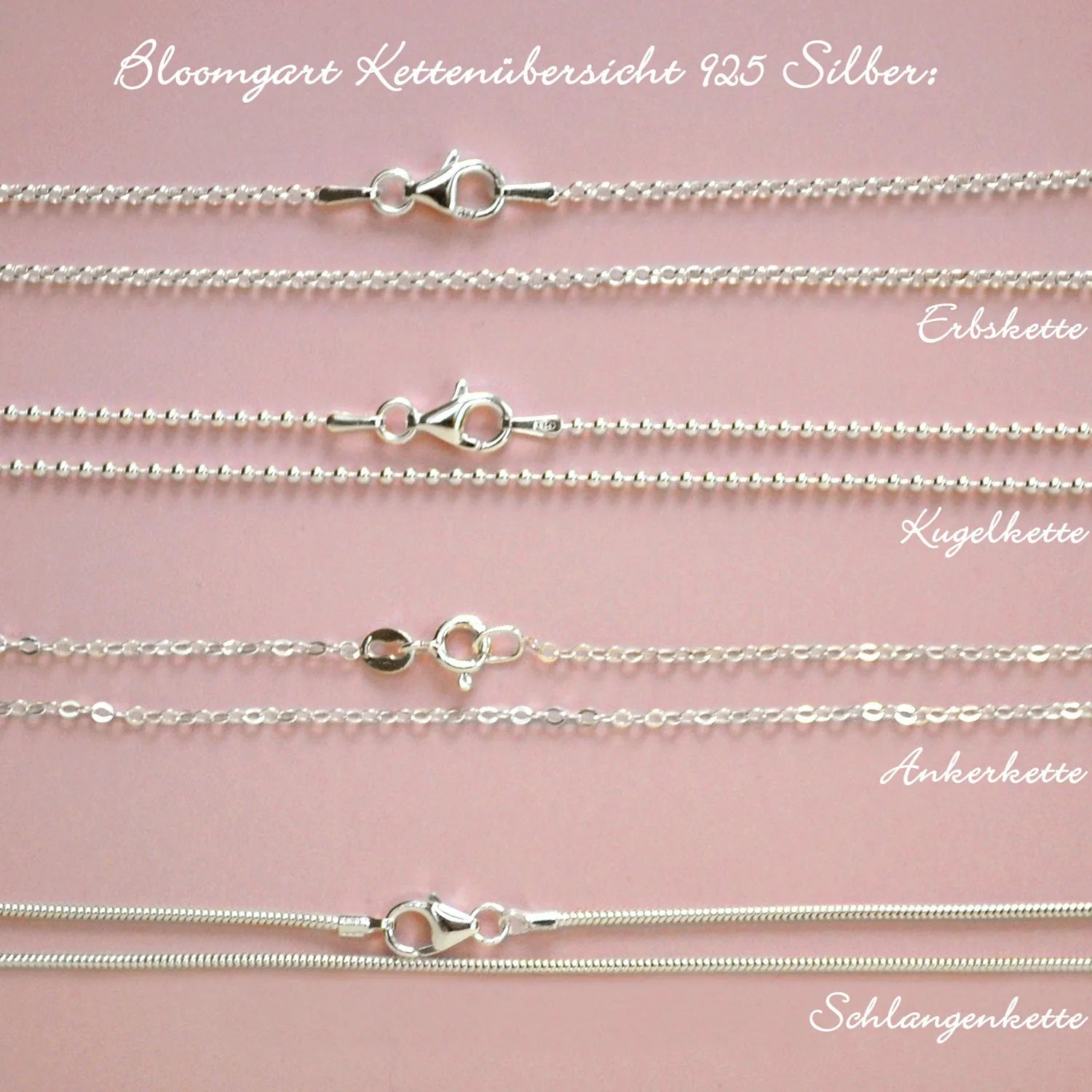 Vier verschiedene Halsketten von Bloomgart im Überblick: Erbskette, Kugelkette, Ankerkette und Schlangenkette aus 925 Sterling Silber