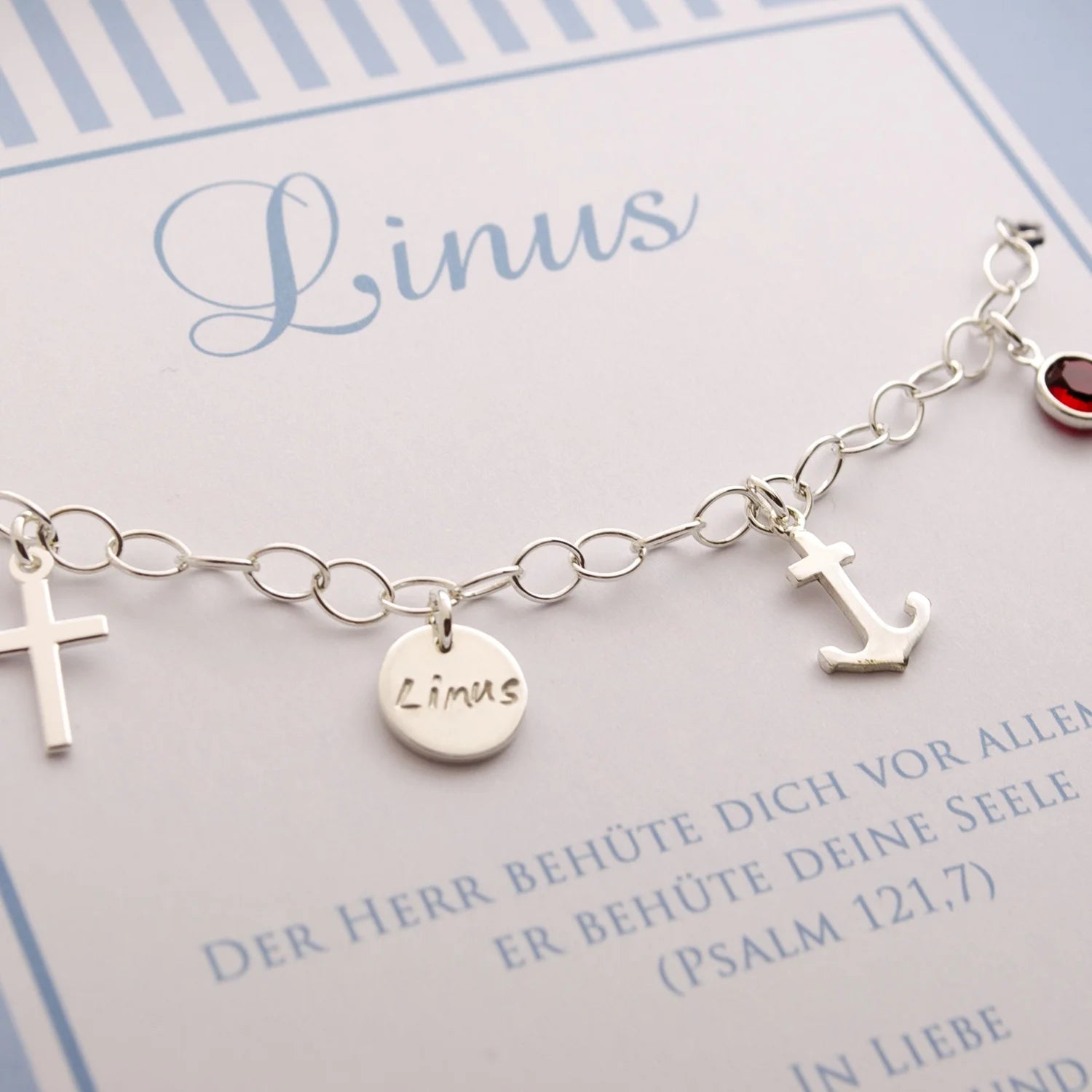 Taufarmband 925 Silber Detail Kreuz Anker Namensplättchen handgestempelt