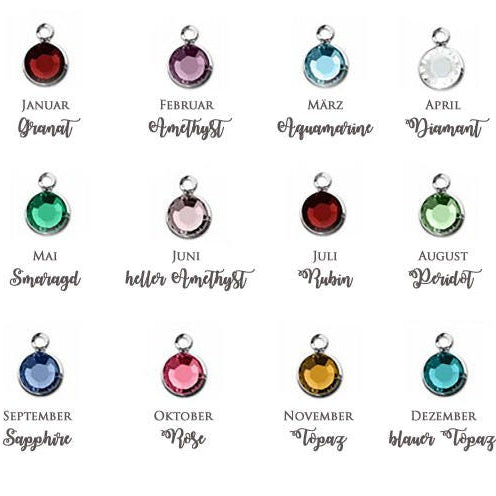 Übersicht aller wählbaren Swarovski Geburtssteine (Farben) für die personalisierte Taufkette von Bloomgart.