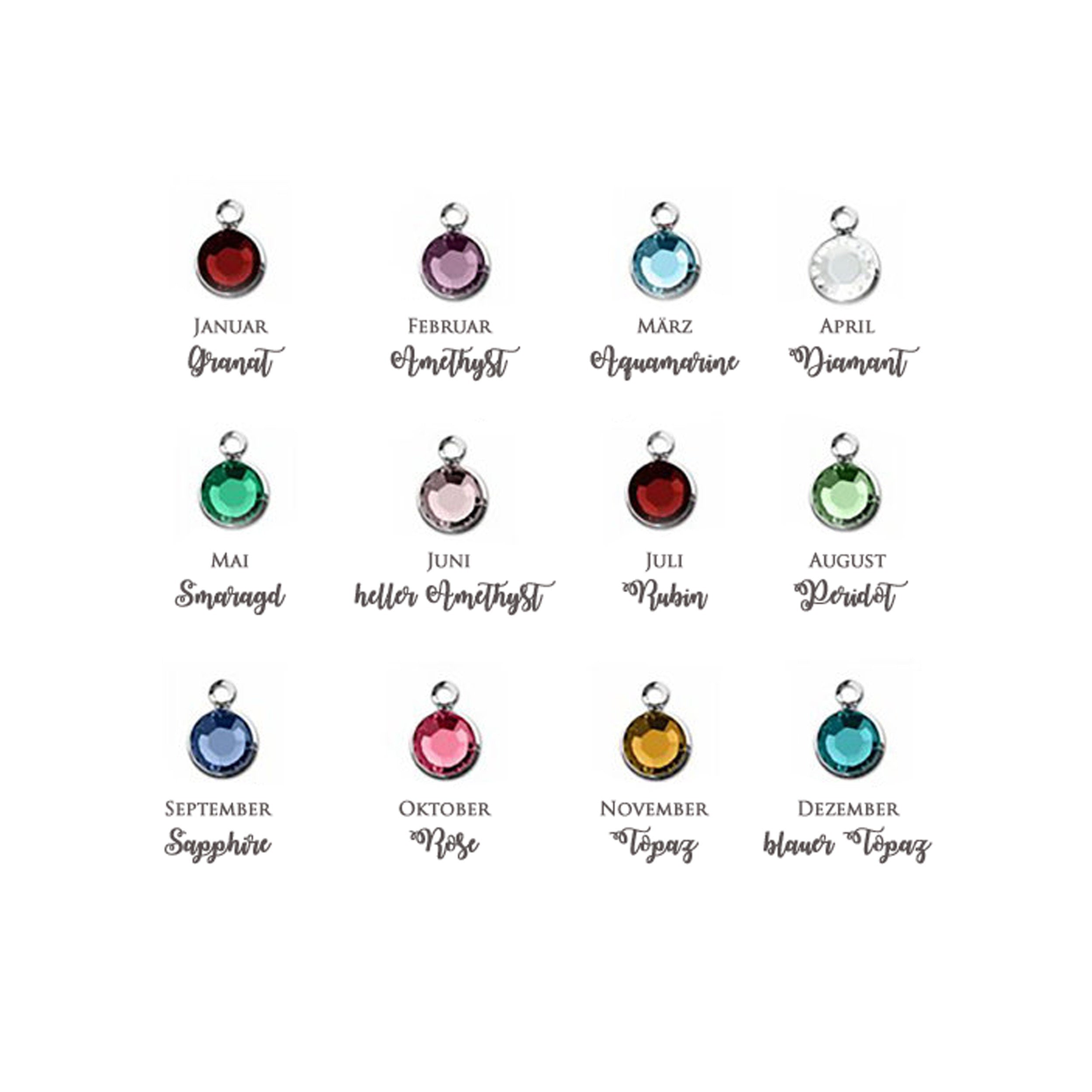 Übersicht aller 12 Geburtsstein-Anhänger von Bloomgart mit Swarovski Kristallen, von Januar (Granat) bis Dezember (Topas).