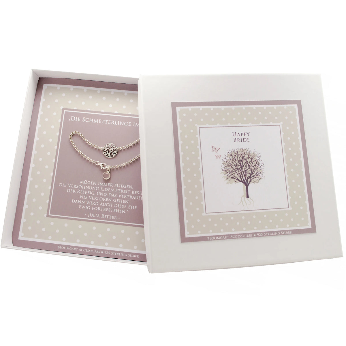 Personalisierte Geschenkbox mit Brautarmband und Lebensbaum-Anhänger als Hochzeitsgeschenk.