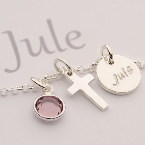 Silberkette 925 Silber Kreuz Geburtsstein Namensgravur Kinderschmuck
