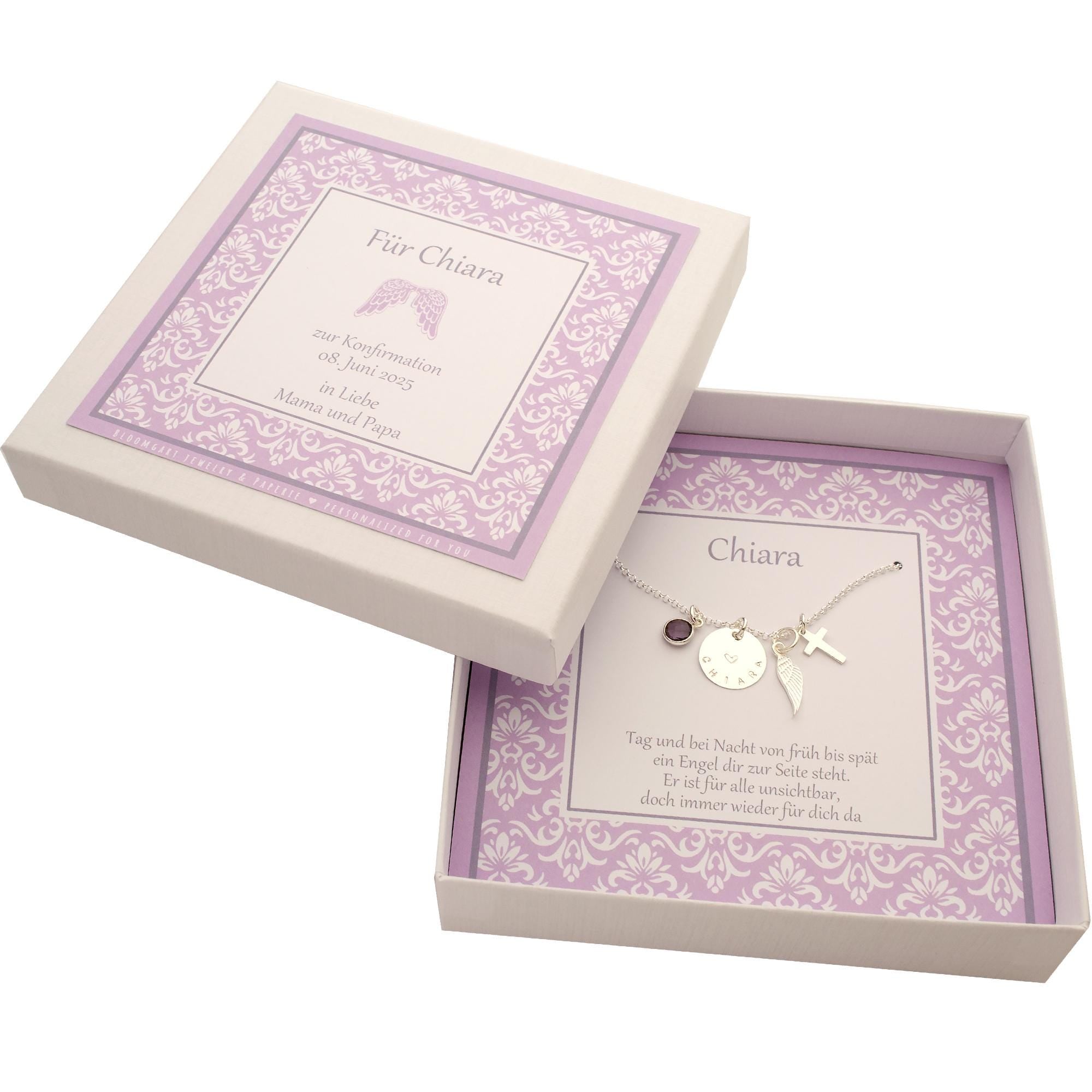Personalisierte Geschenkbox zur Konfirmation von 'Chiara' mit persönlichem Spruch: 'Tag und Nacht von früh bis spät ein Engel dir zur Seite steht. ...'