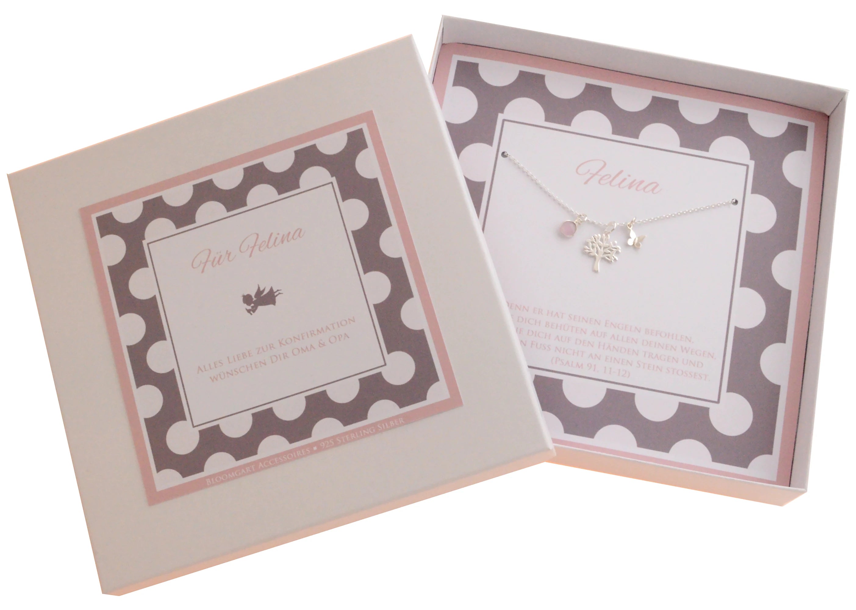 personalisierte Geschenkbox zur Konfirmation mit Punkten in rosa-taupe: Innen liegt eine Lebensbaumkette mit Rosenquarz und Schmetterling aus 925 Silber.