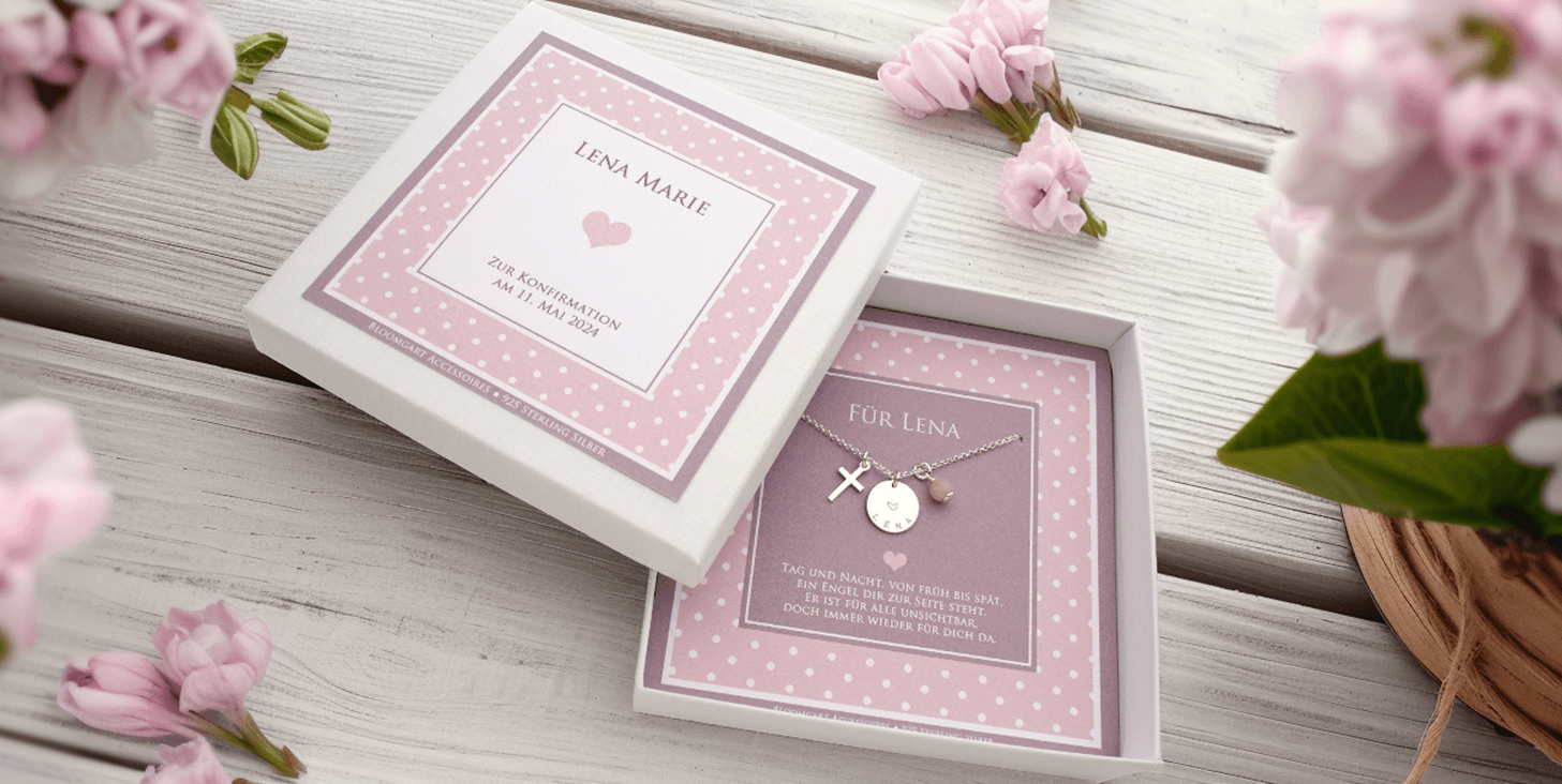 Mehr als nur Schmuck: Ein Symbol für Liebe und Erinnerung von Bloomgart in Form einer personalisierten Geschenkbox mit einer handgefertigten Halskette.