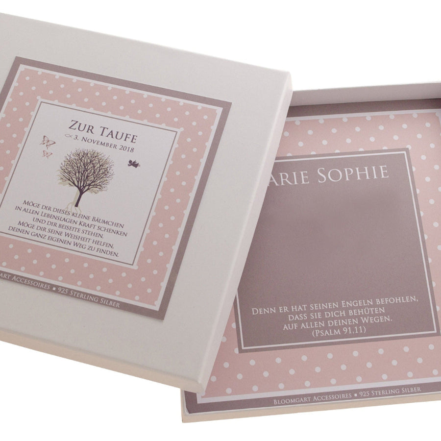 Personalisierte Geschenkbox für Taufgeschenke mit Namen, Datum und Lebensbaum - rosa / taupe