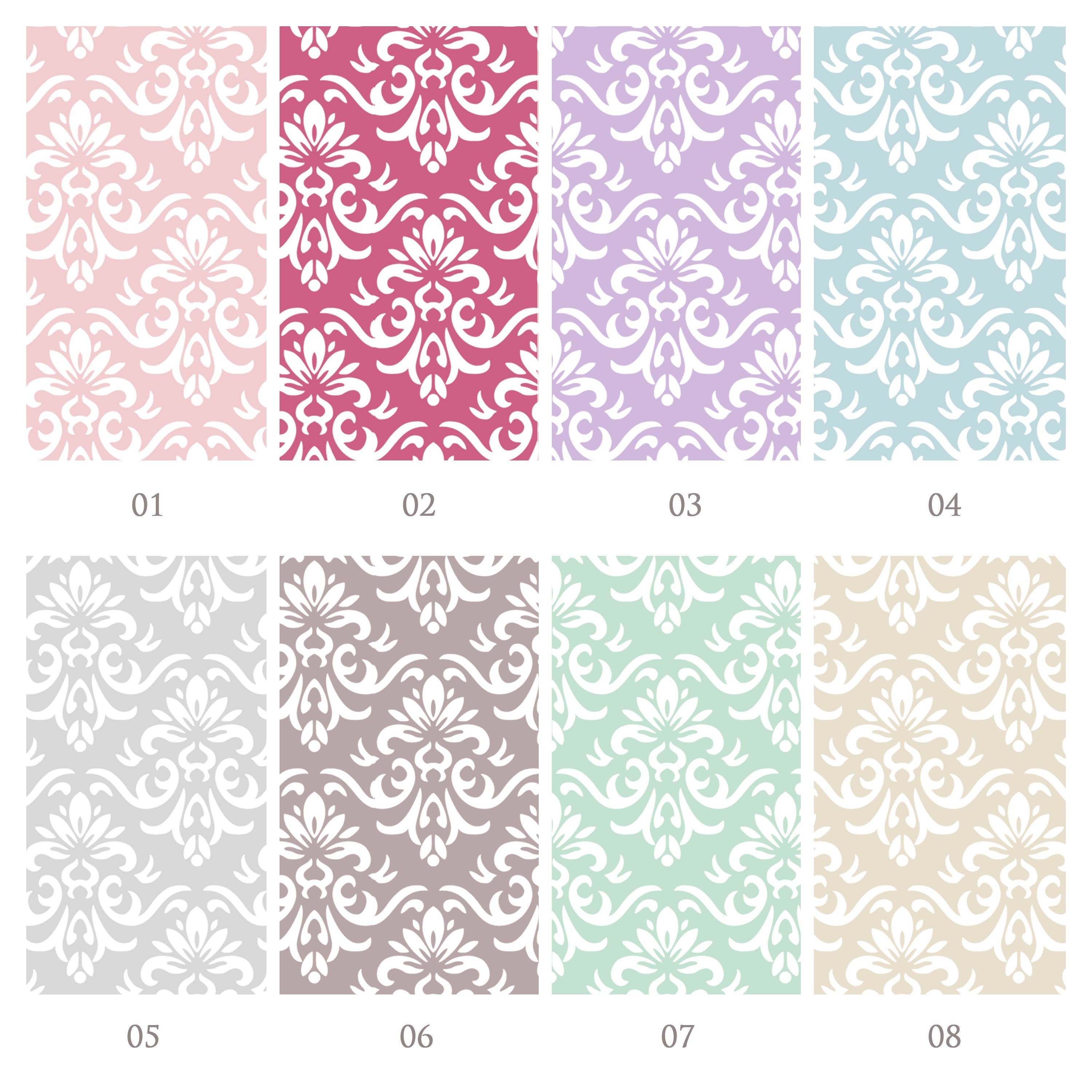 Übersicht der acht verschiedenen Farben für die Geschenkschachtel in rosa, himbeer, flieder, hellblau, grau, taupe, mint und beige.