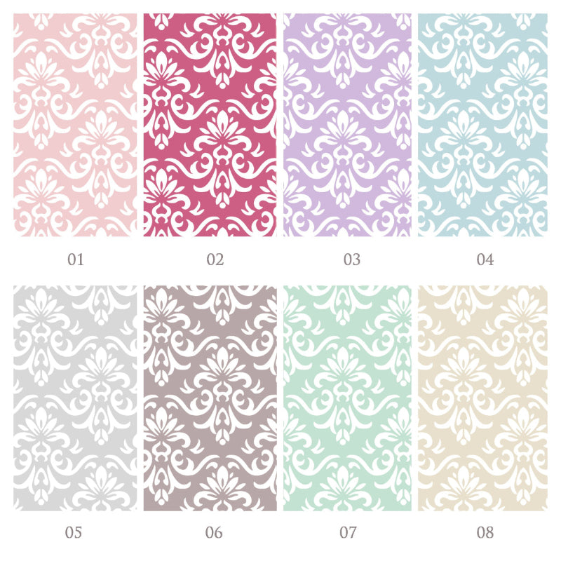 Übersicht der acht verschiedenen Farben für die Geschenkschachtel in rosa, himbeer, flieder, hellblau, grau, taupe, mint und beige.
