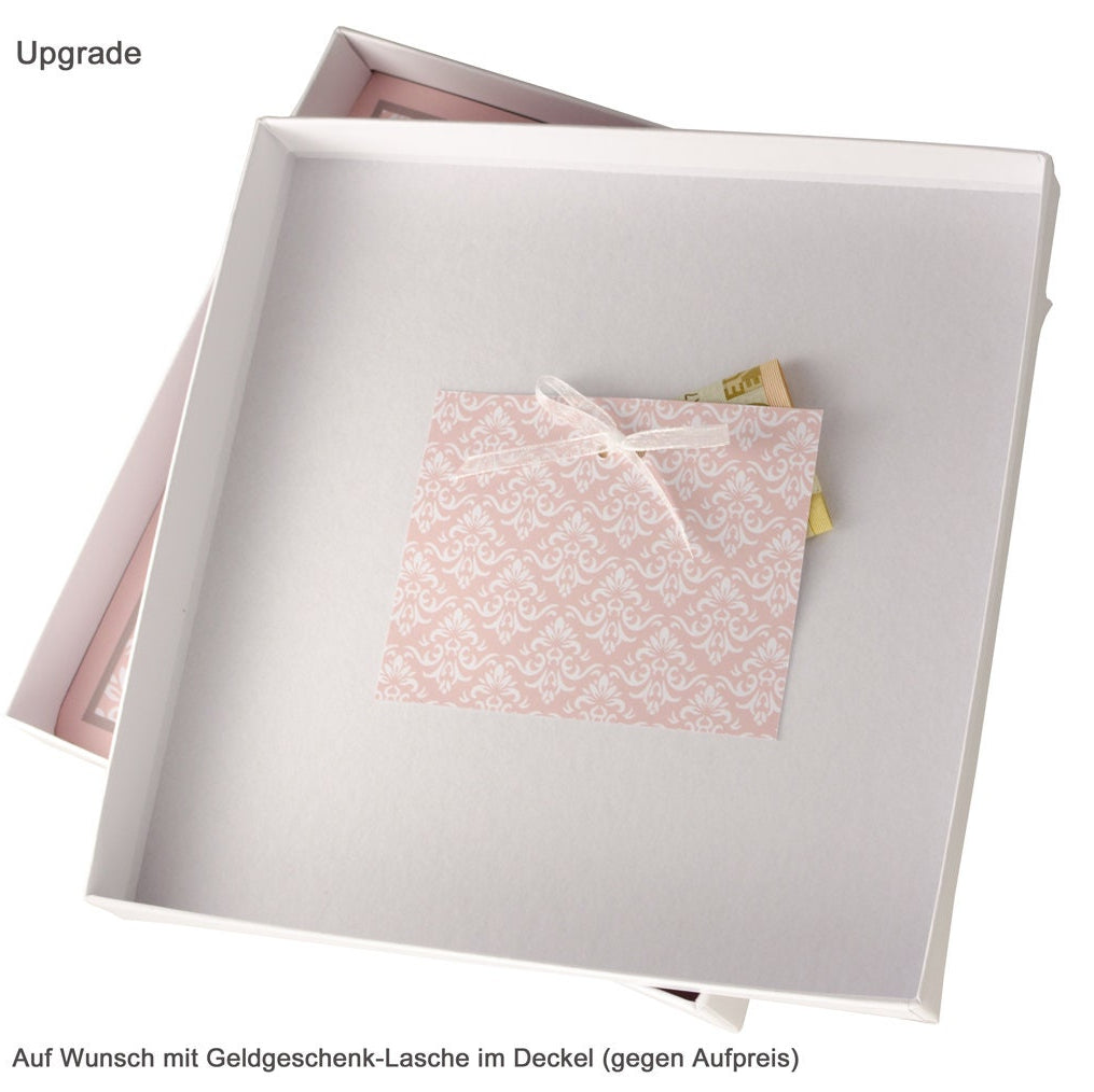 Personalisierte Geschenkbox für Taufe mit Geldgeschenklasche im Deckel
