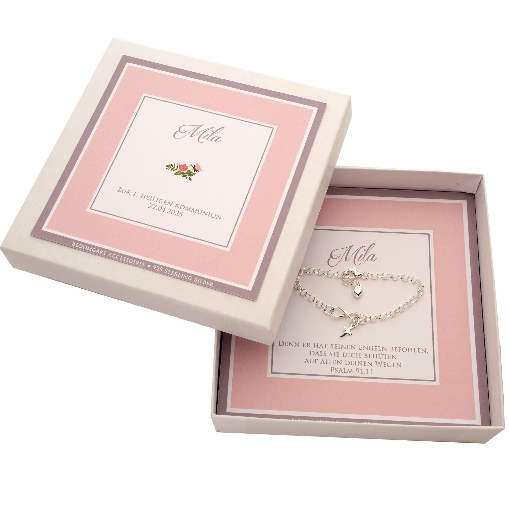 Gliederarmband 925 Silber mit Kreuz und Herz in personalisierter Bloomgart Geschenkbox