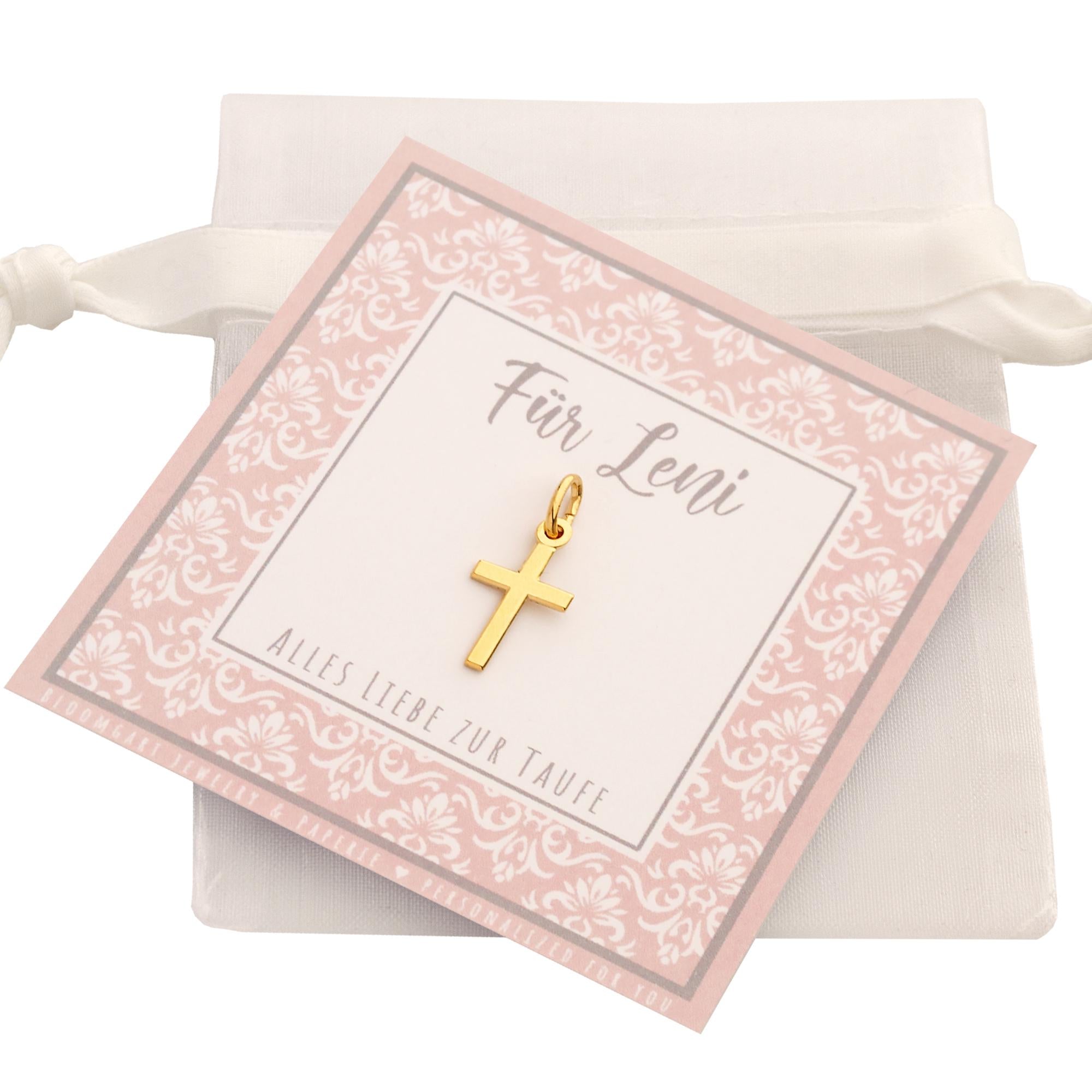 Vergoldeter Kreuz-Anhänger an einer Öse aus 925 Sterling Silber als kleines Geschenk zur Taufe für Mädchen.