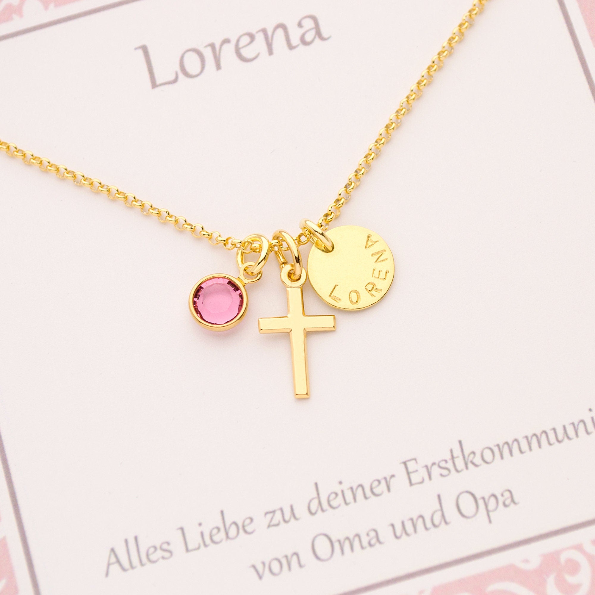 Goldkette LORENA vergoldet Kreuz Anhänger Geburtsstein Nahaufnahme