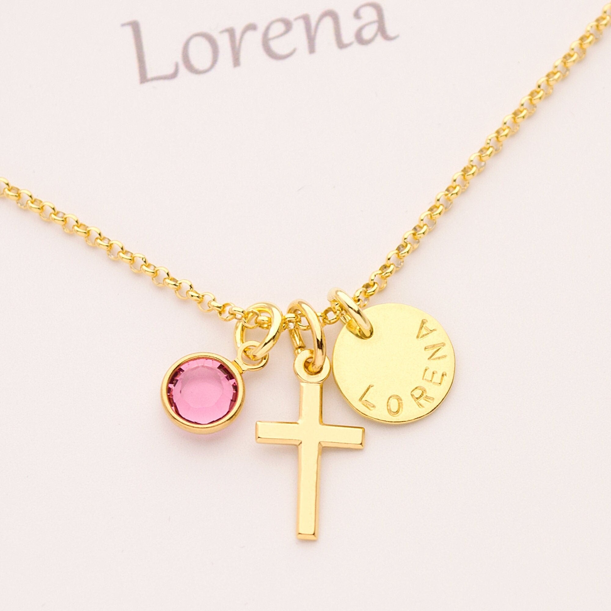 Goldkette LORENA vergoldet 925 Silber Kreuz Geburtsstein Namensgravur personalisierte Geschenkbox