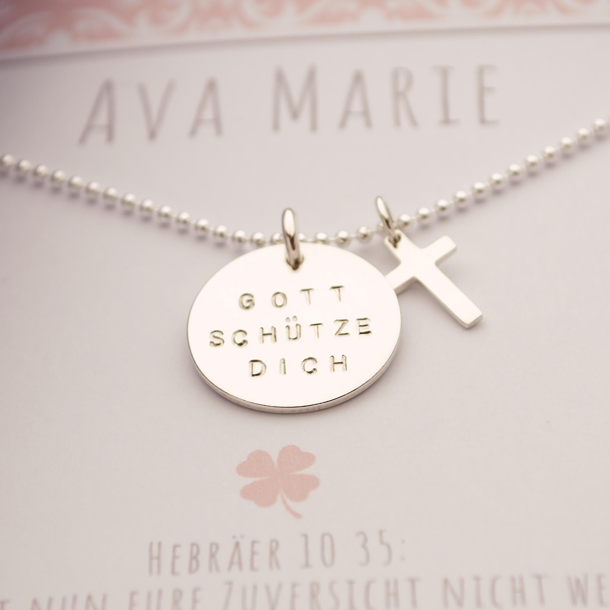 "Gott schütze Dich" Gravur Kette mit Kreuz und persönlichem Geschenkkarton als Taufgeschenk für Mädchen und Jungen anpassbar.