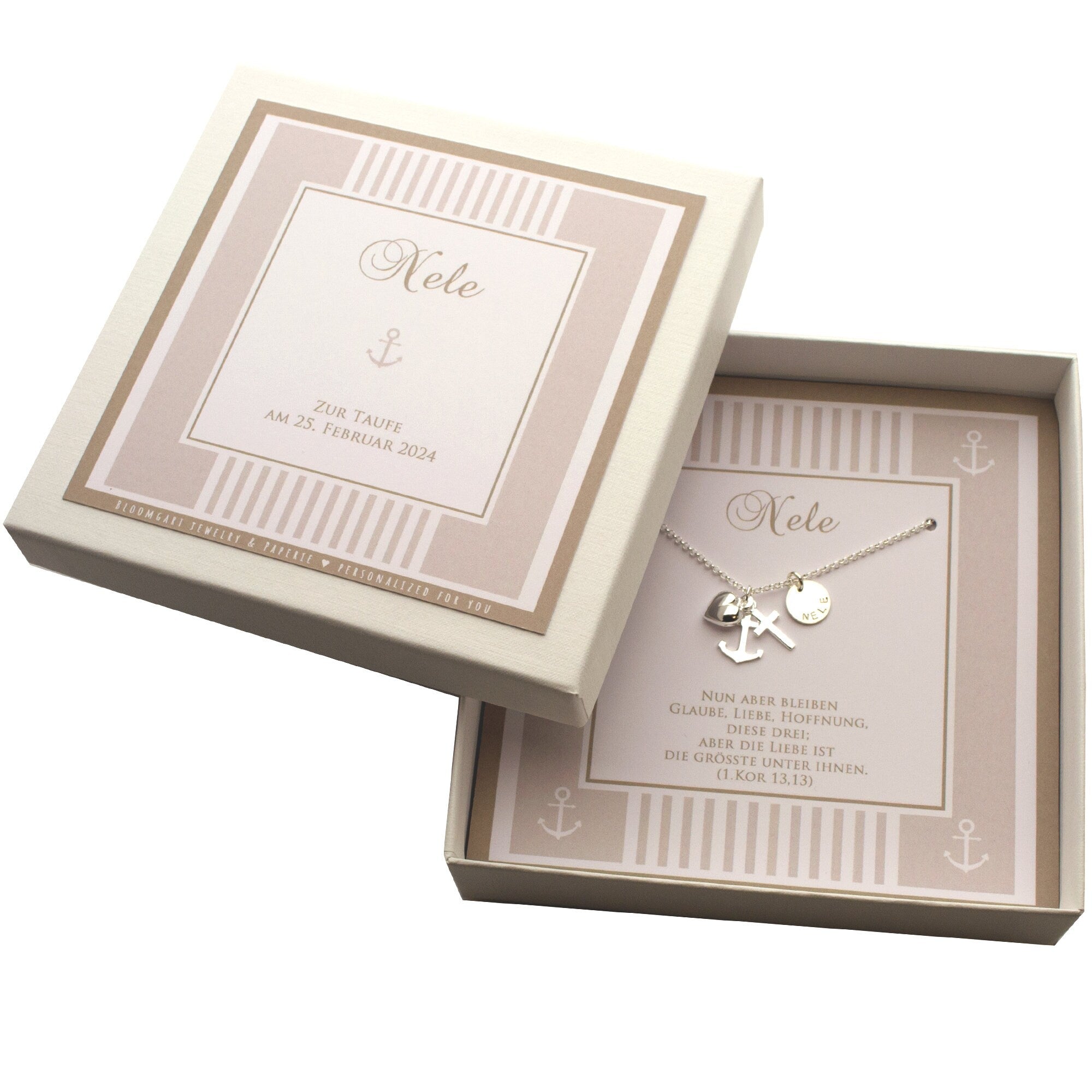 Kette Glaube Liebe Hoffnung aus Silber mit Kreuz, Herz und Anker – handgefertigt im Bloomgart-Atelier Hamburg