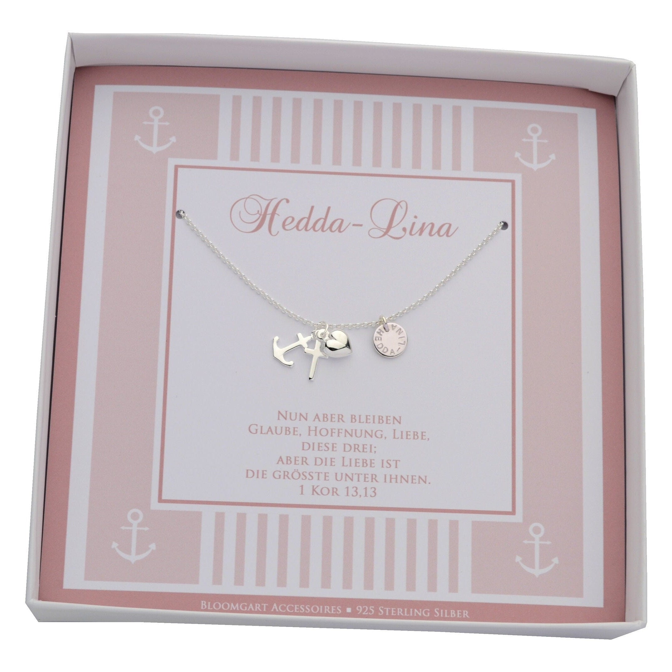 Personalisierte Halskette Glaube Liebe Hoffnung in Geschenkverpackung – handgemachtes Geschenk zur Taufe von Bloomgart