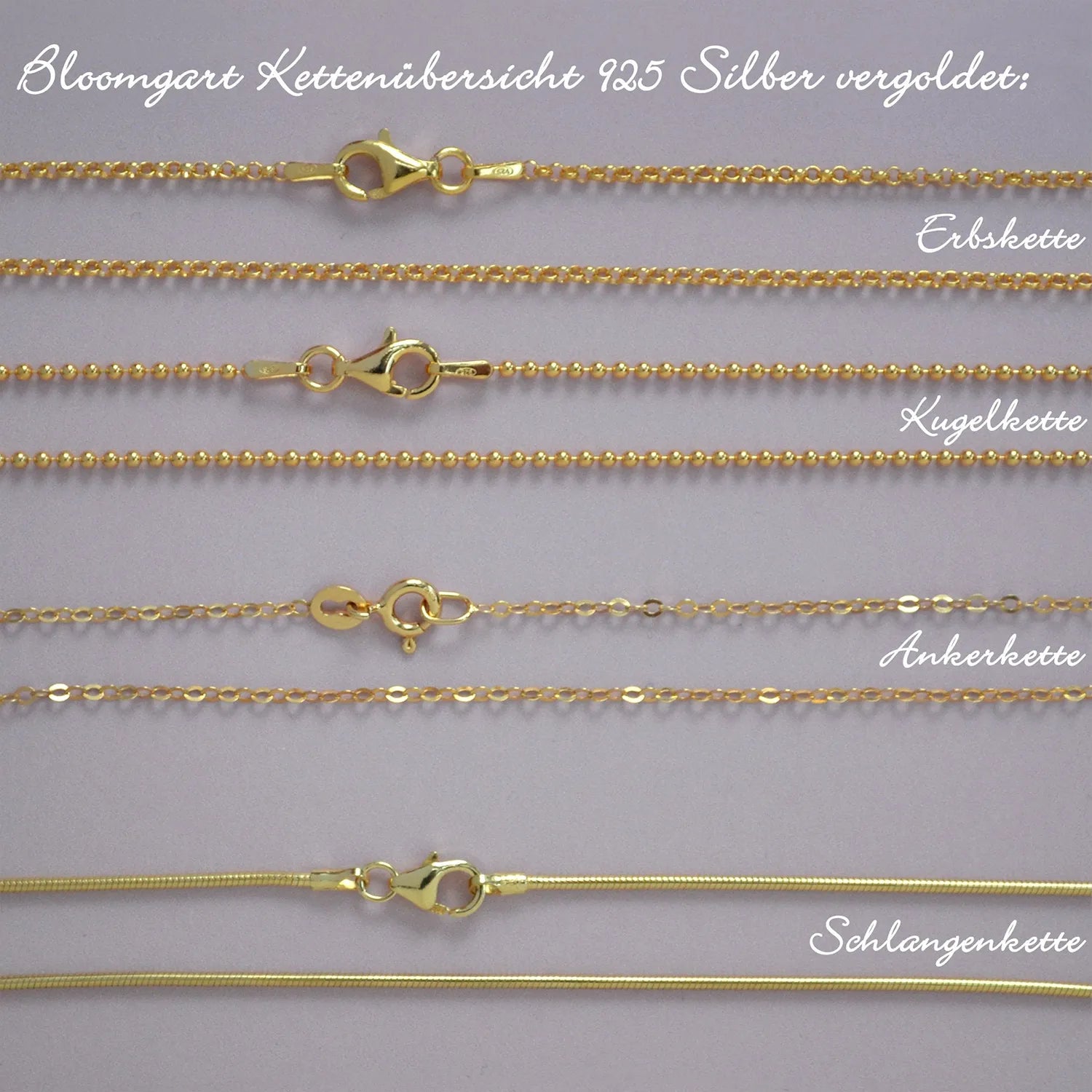 Vier verschiedene vergoldete Halsketten von Bloomgart im Überblick: Erbskette, Kugelkette, Ankerkette und Schlangenkette aus 925 Silber, 18K vergoldet