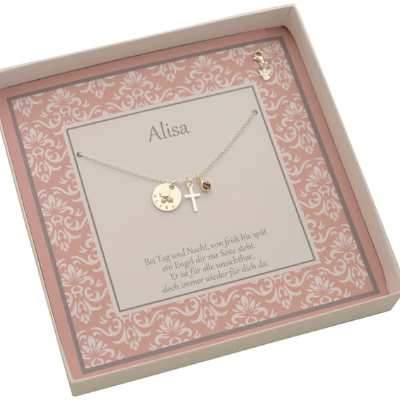 Namenskette ALISA mit Geschenkbox Gravur Kreuz Engel Geburtsstein