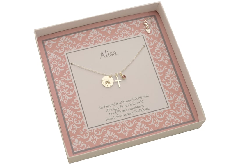 Namenskette ALISA mit Geschenkbox Gravur Kreuz Engel Geburtsstein