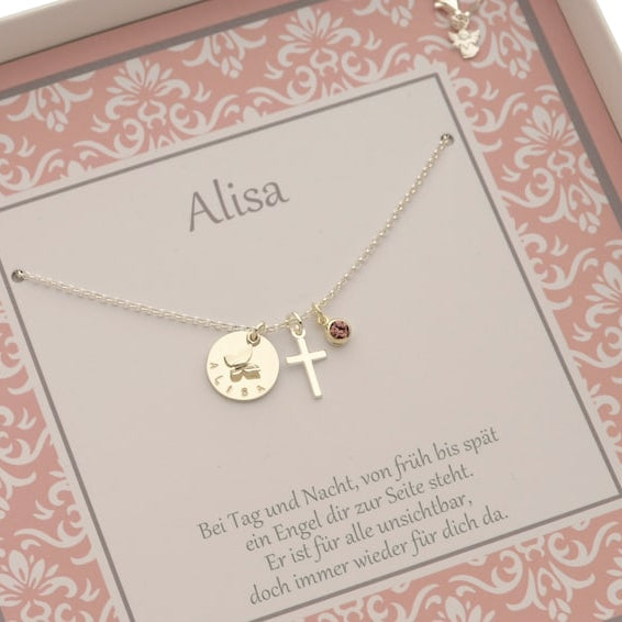 Namenskette ALISA mit Geschenkbox Gravur Kreuz Engel Geburtsstein