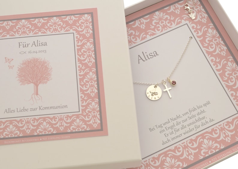 Namenskette ALISA mit Geschenkbox Gravur Kreuz Engel Geburtsstein
