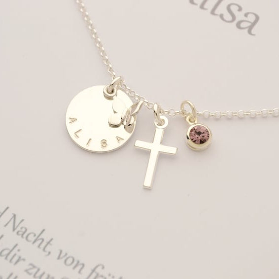 Namenskette ALISA mit Geschenkbox Gravur Kreuz Engel Geburtsstein