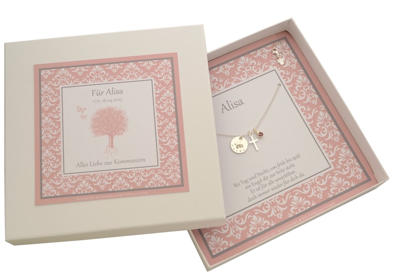 Namenskette ALISA mit Geschenkbox Gravur Kreuz Engel Geburtsstein