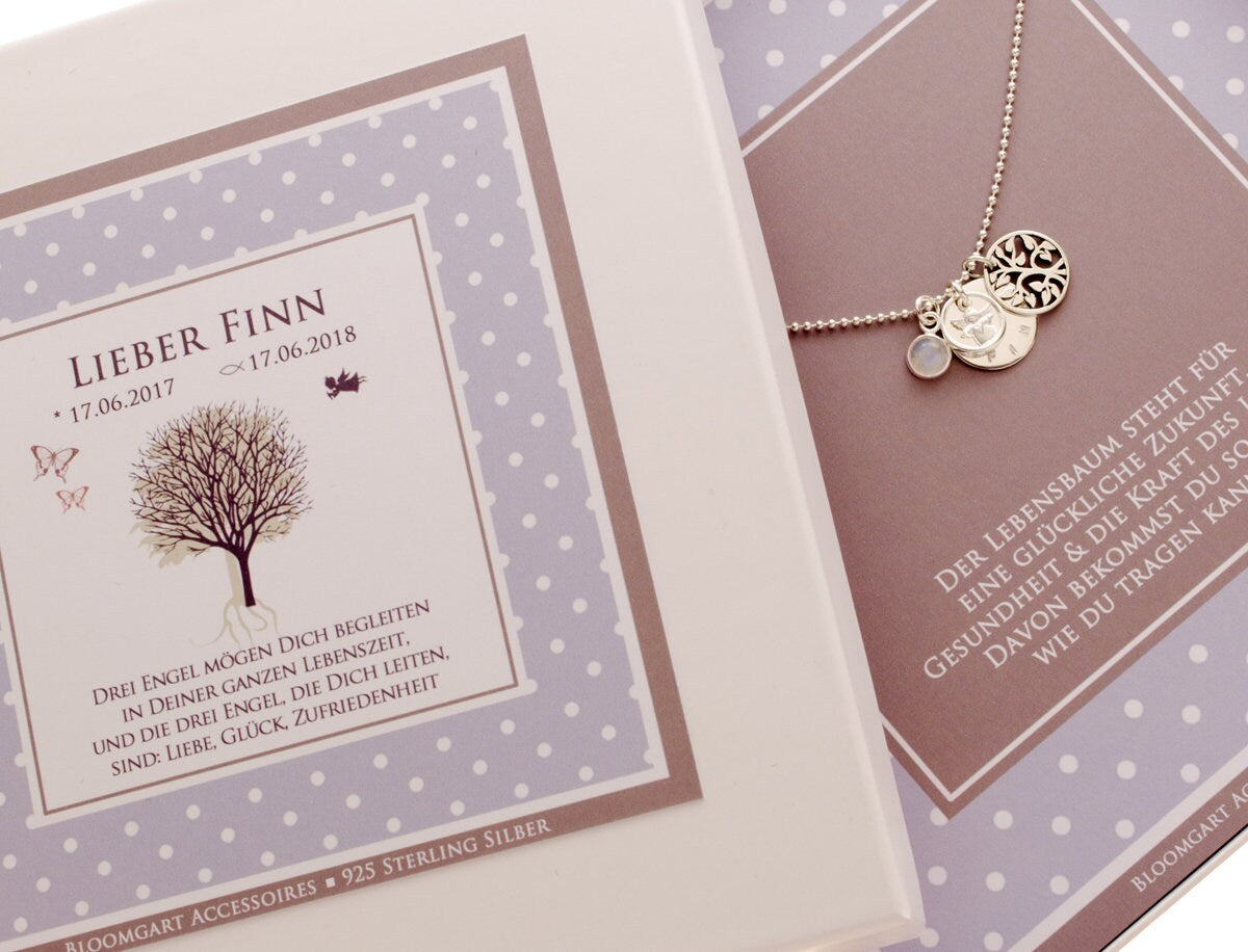 Personalisierte Taufkette "Finn" mit Lebensbaum, Gravur & Taufspruch