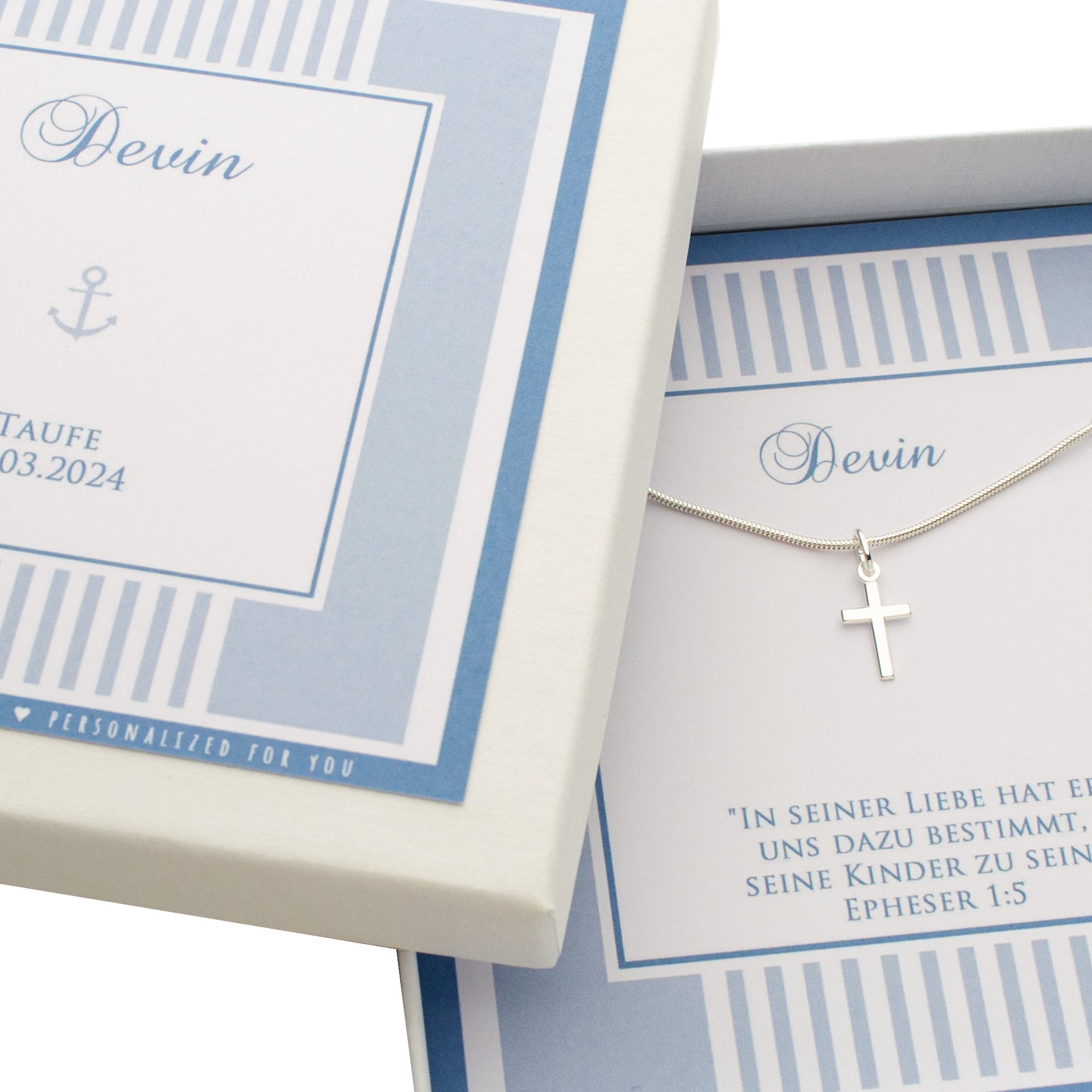 Geschenk zur Taufe: Personalisierte Kreuz-Kette in Taufspruchbox