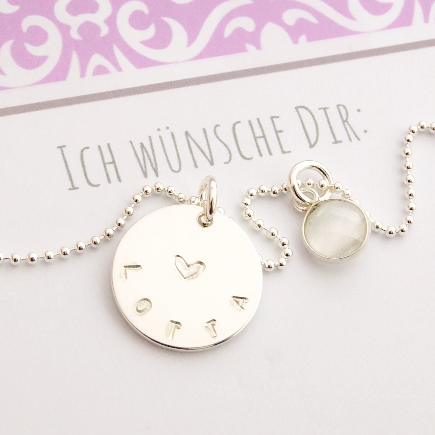 Namenskette LOTTA 925 Silber Kugelkette handgestempelt Mondstein