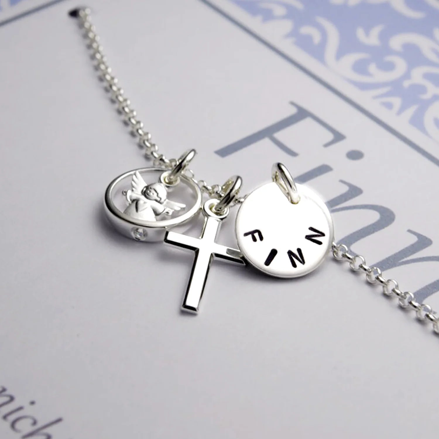 Taufkette FINN Junge 925 Silber Schutzengel Taufring Kreuz personalisierte Geschenkbox