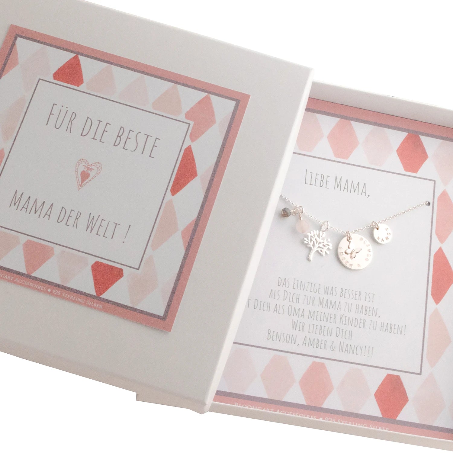 Personalisierte Familienkette Lebensbaum Anhänger 925 Sterling Silber in individueller Geschenkbox