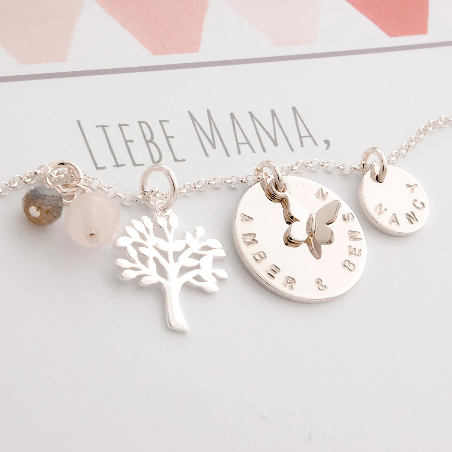 Lebensbaum Kette Familie 925 Silber mit Namensgravur und Edelstein