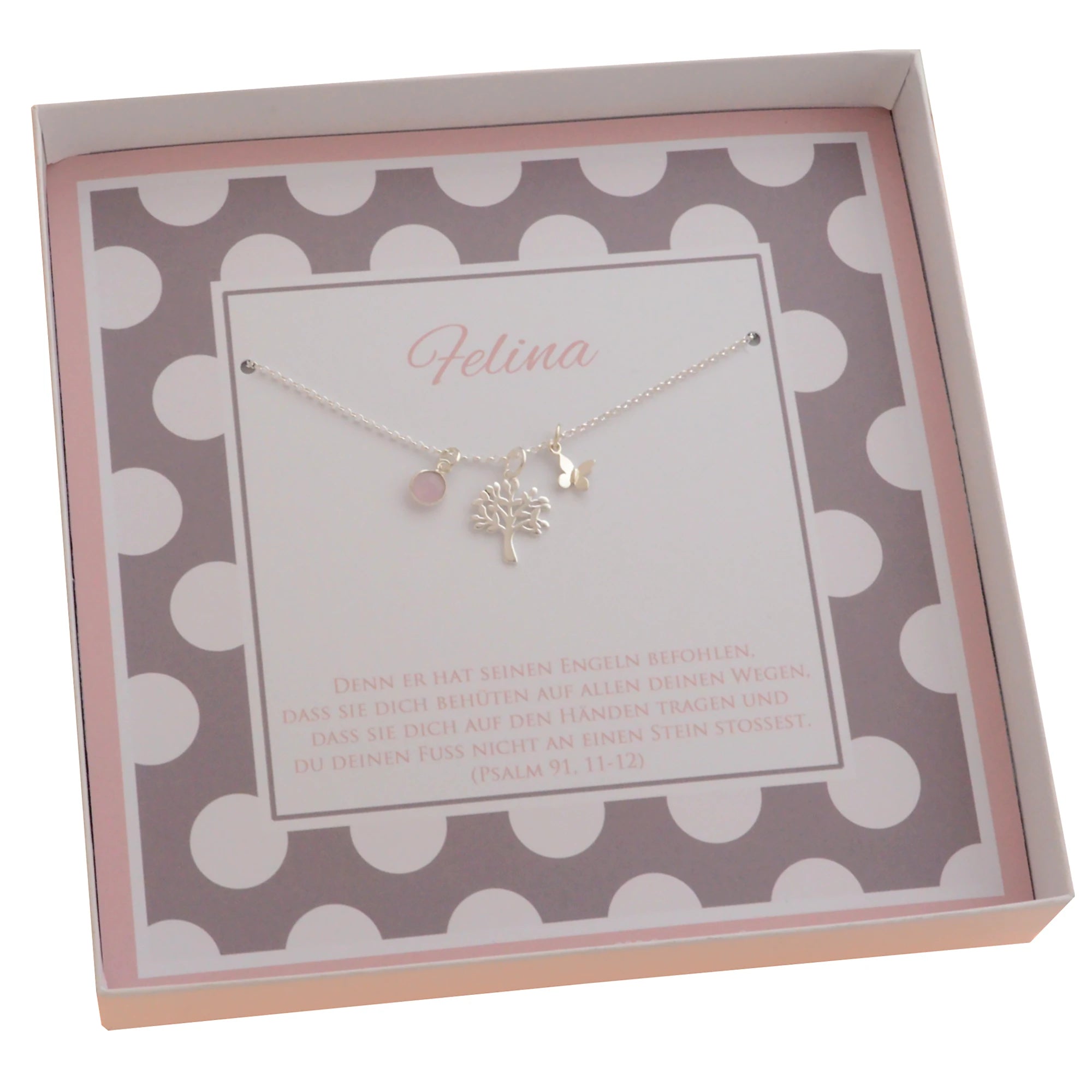 Innenansicht der personalisierten Geschenkbox mit Namen, hier für Felina und persönlichem Taufspruch unter der Kette: Psalm 91, 11-12 (Denn er hat seinen Engeln befohlen...)