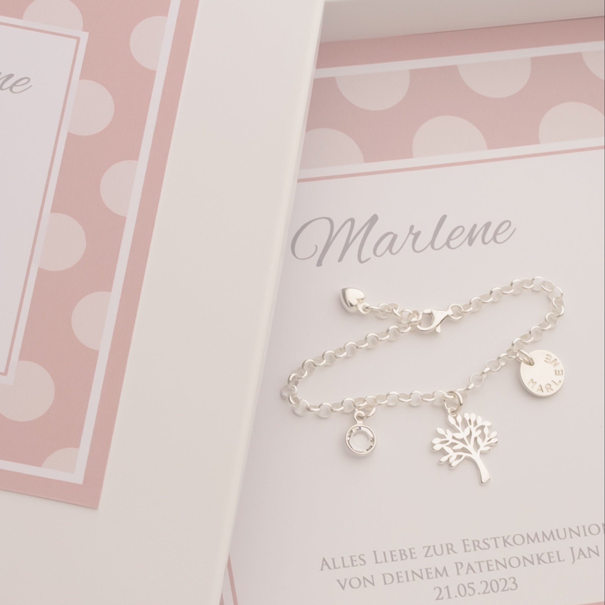 Handgestempeltes Namensarmband mit Lebensbaum 925 Silber - Geschenk zur Taufe, Kommunion und Konfirmation