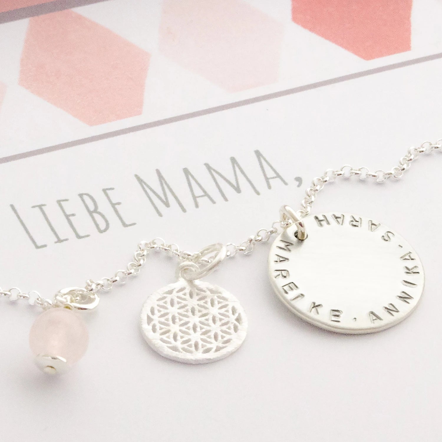 Namenskette 925 Silber mit Lebensblume und Rosenquarz Anhänger