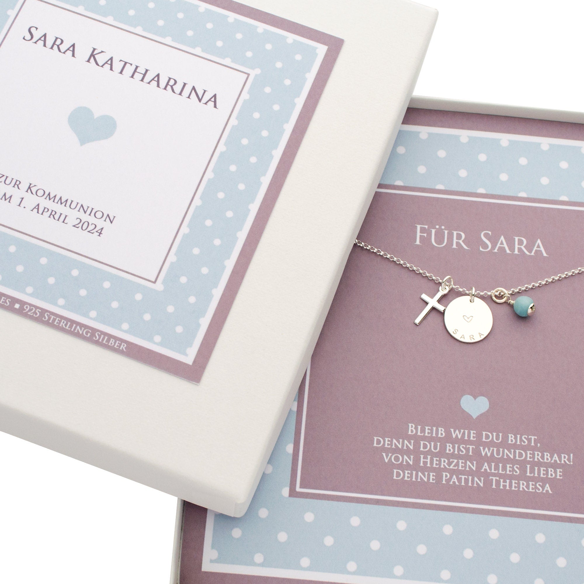 Personalisiertes Geschenk zur Kommunion mit Kommunionskette mit Namen, Kreuz und Edelstein.