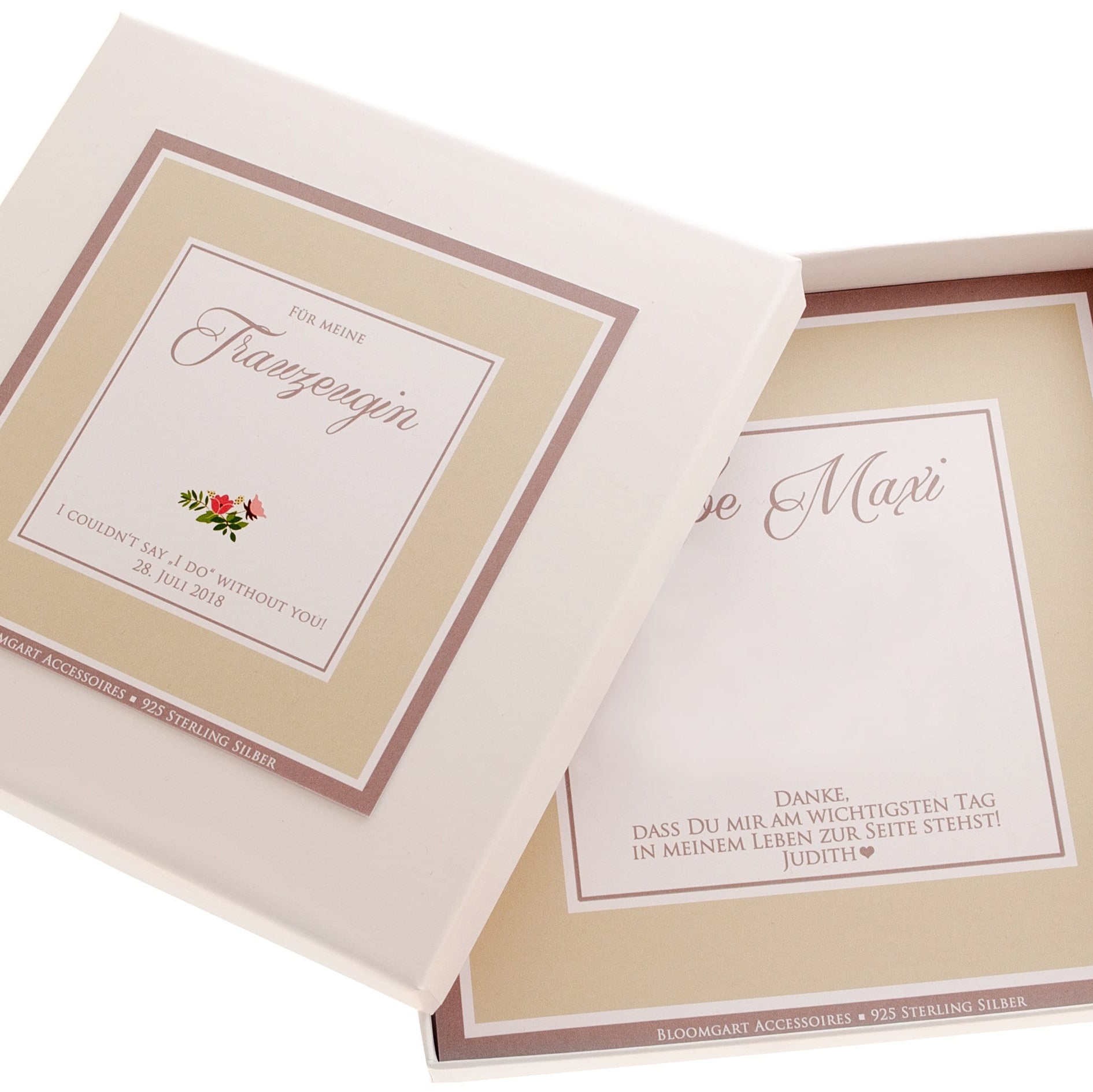 Personalisierte Geschenkbox in beige-weiß für Hochzeit und Trauzeugin mit Namen und Wunschtext - Detailansicht