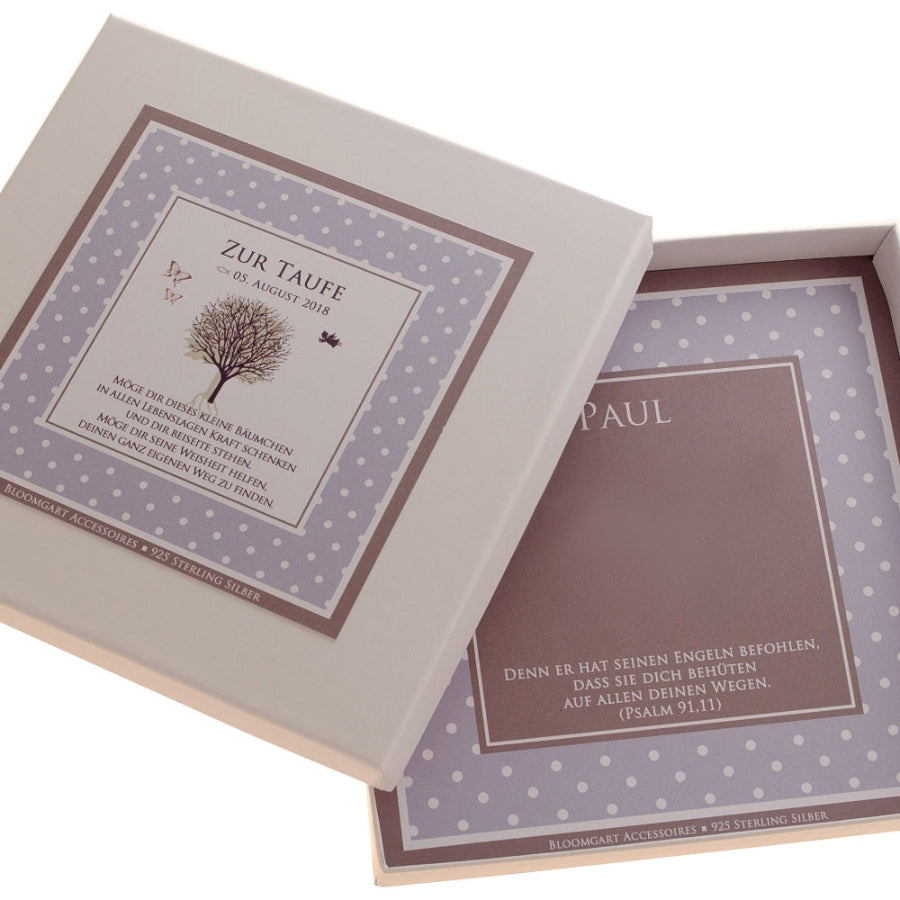 Personalisierte Geschenkbox für Taufgeschenke mit Namen, Datum und Lebensbaum - blau / taupe