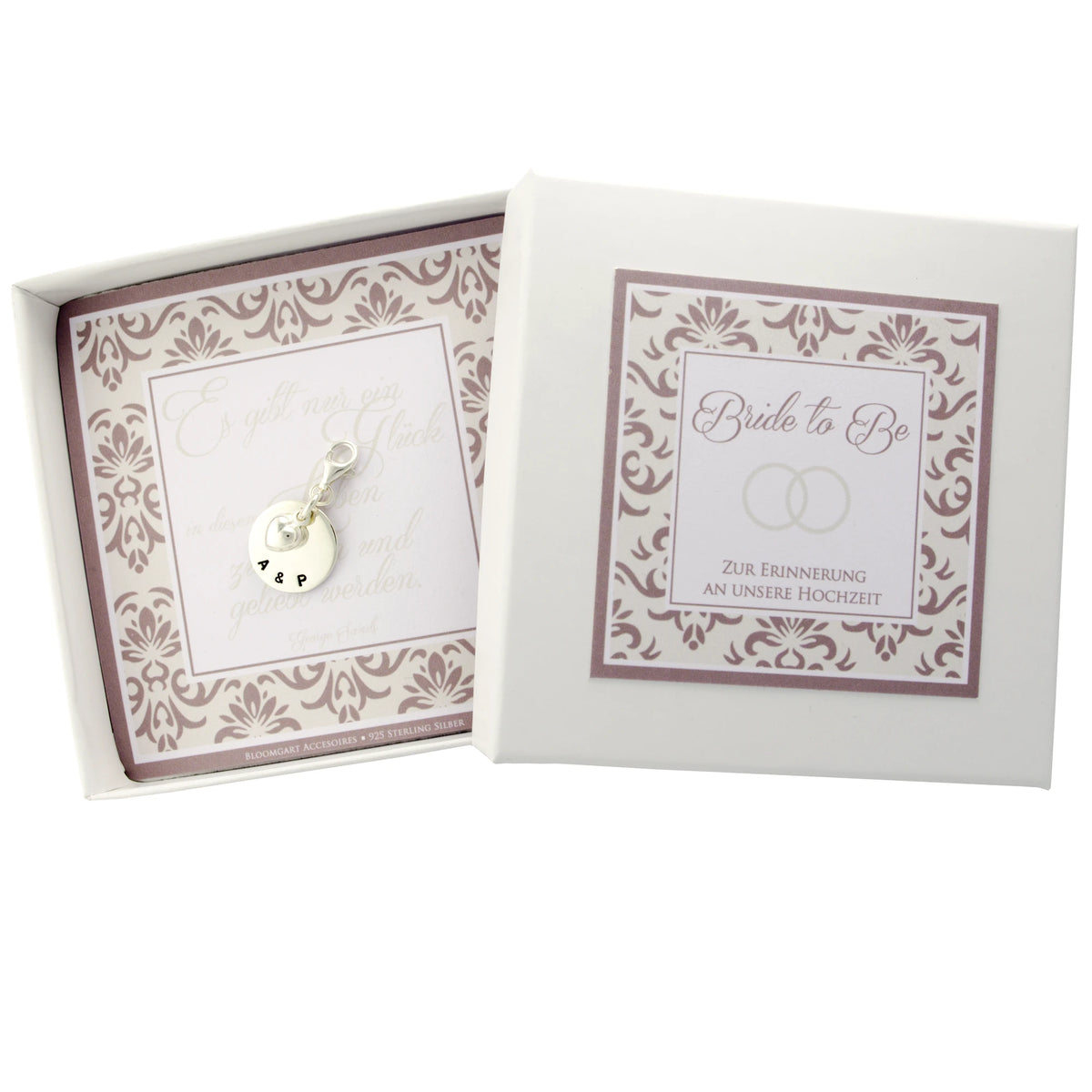 Personalisierter Hochzeitsanhänger aus 925 Silber als Geschenk für das Brautpaar.