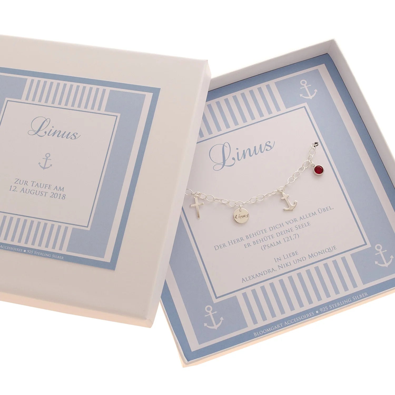 Personalisierte Geschenkbox Taufarmband LINUS Taufspruch