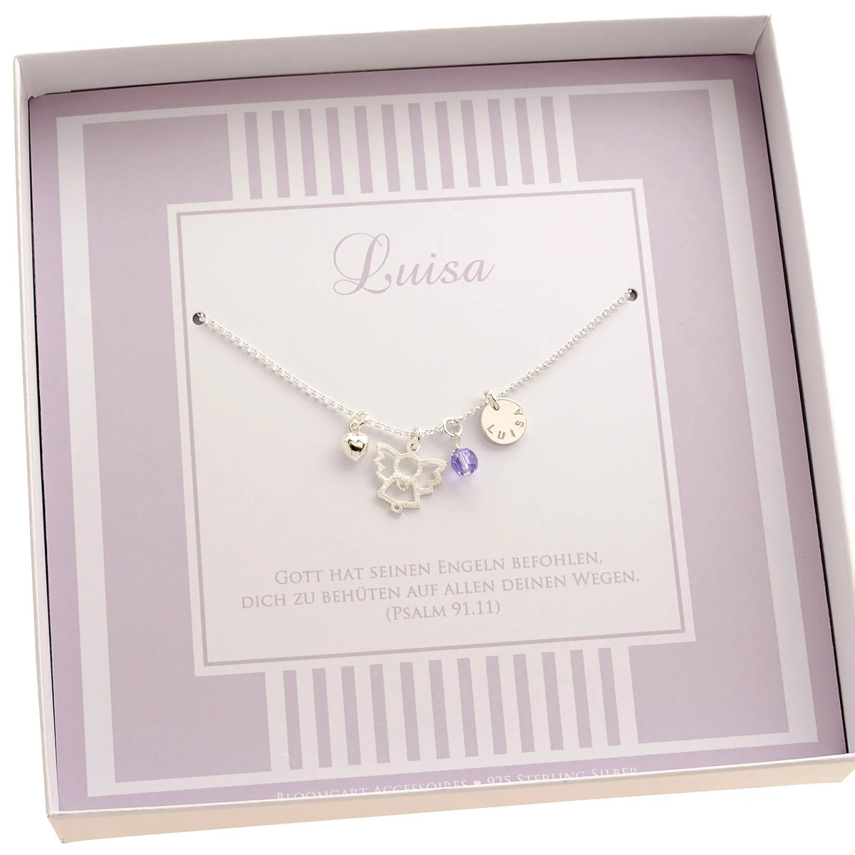 Innenansicht eines personalisierten, von Hand angefertigten Taufgeschenks mit 925 Silber Schutzengel Kette für das Patenkind.