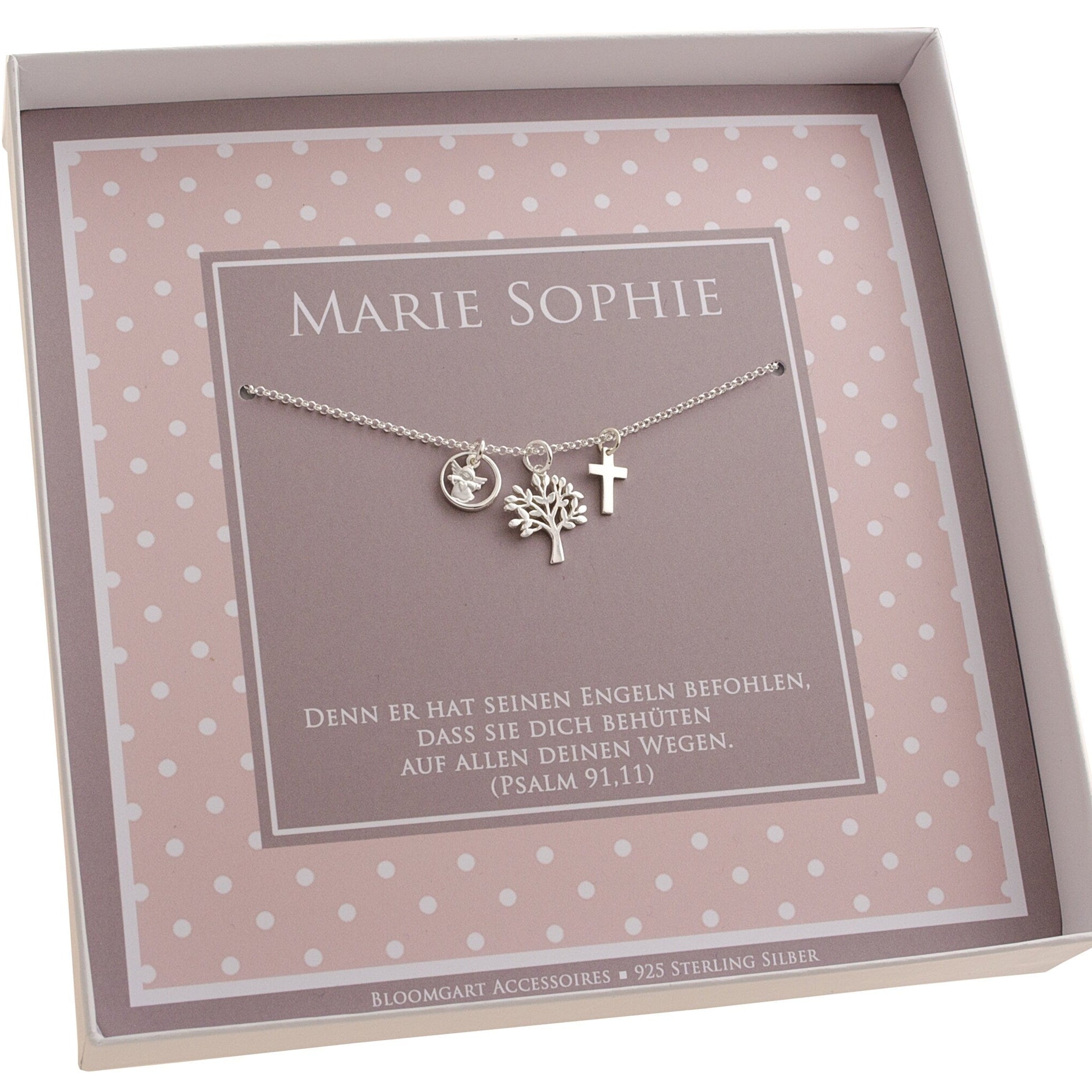 Innenansicht einer personalisierten Geschenkbox im rosa-taupe Pünktchen-Design, hier für Marie Sophie. Unter dem Namen ist eine Gliederkette mit Engel im Ring, Lebensbaum und Kreuz befestigt und mit Taufspruch: 'Denn er hat seinen Engeln befohlen, dass sich dich behüten...' (Psalm 91,11) versehen.